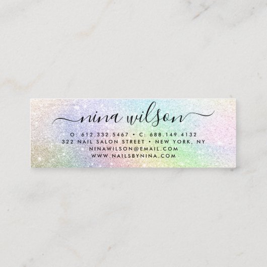 Holograph regenboog glitter elegante script handte mini visitekaartje (Achterkant)