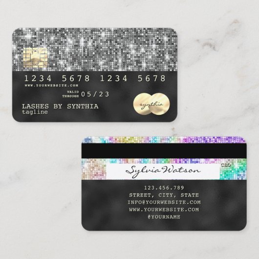 Holograph silver glitter Modern Credit Kaart Visitekaartje (Voorkant / Achterkant)