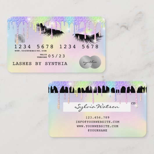 Holograph Unicorn Dripping Credit Kaart Lashes Visitekaartje (Voorkant / Achterkant)