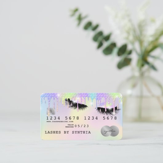Holograph Unicorn Dripping Credit Kaart Lashes Visitekaartje (Staand voorkant)
