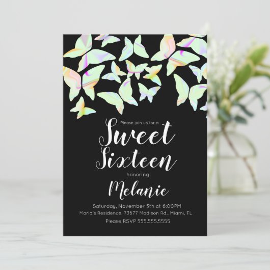 Holographic Butterflies Colorful Sweet Sixteen Kaart (Staand voorkant)