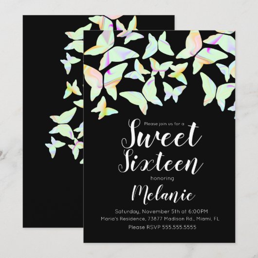 Holographic Butterflies Colorful Sweet Sixteen Kaart (Voorkant / Achterkant)