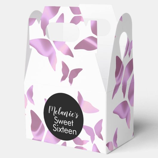 Holographic Butterflies roze Sweet Sixteen Bedankdoosjes (Geopend)