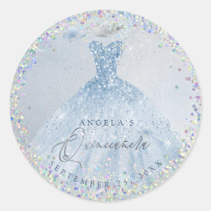 Holographic Confetti Quinceanera Dusty Blue Gown Ronde Sticker