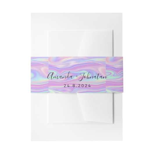 Holographic Delicate Name Date Wedding Minimal Uitnodigingen Wikkel (Voorkant Voorbeeld)