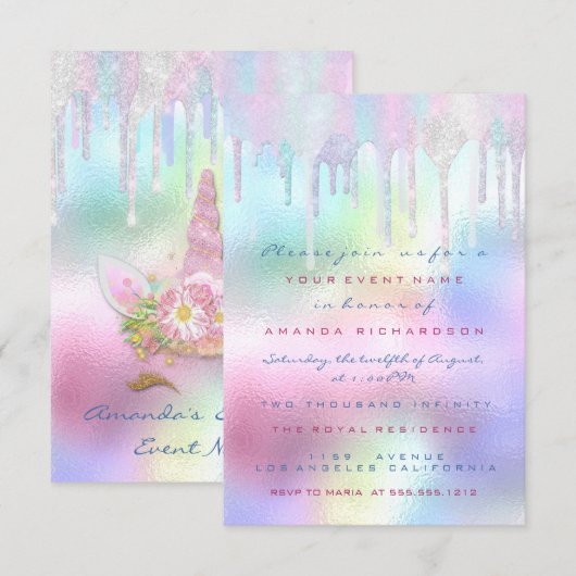 Holographic Drips Unicorn Party Sweet 15th Mermaid Kaart (Voorkant / Achterkant)