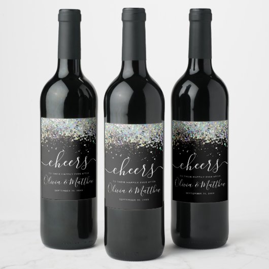 Holographic Glitter Cheers Toast Names Weddenschap Wijn Etiket (Flessen)