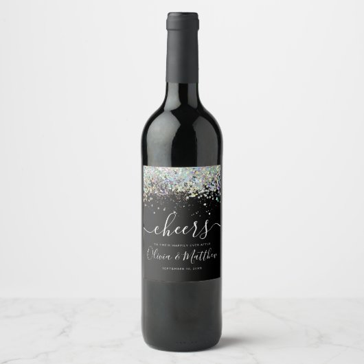 Holographic Glitter Cheers Toast Names Weddenschap Wijn Etiket (Voorkant)