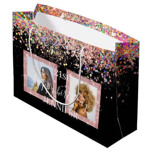 Holographic Glitter Custom Photo Birthday Black Groot Cadeauzakje (Achterkant Gekanteld)