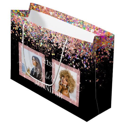Holographic Glitter Custom Photo Birthday Black Groot Cadeauzakje (Voorkant Gekanteld)