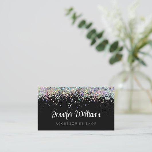 Holographic Glitter Custom Qr Code Black Visitekaartje (Staand voorkant)