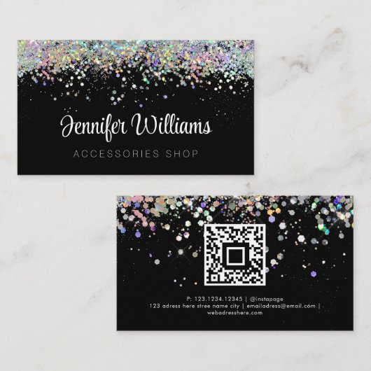 Holographic Glitter Custom Qr Code Black Visitekaartje (Voorkant / Achterkant)