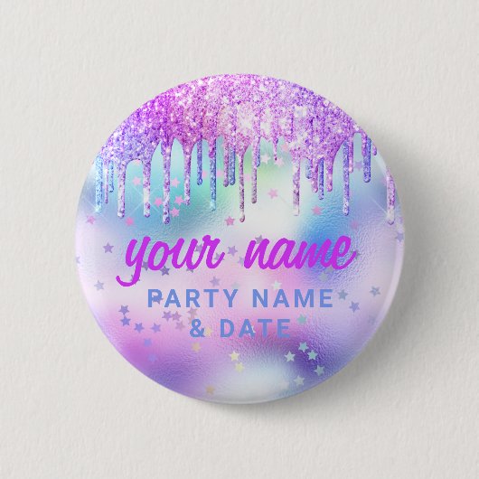 Holographic Glitter Drift Paarse partijnaam Favor Ronde Button 5,7 Cm (Voorkant)