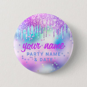 Holographic Glitter Drift Paarse partijnaam Favor Ronde Button 5,7 Cm