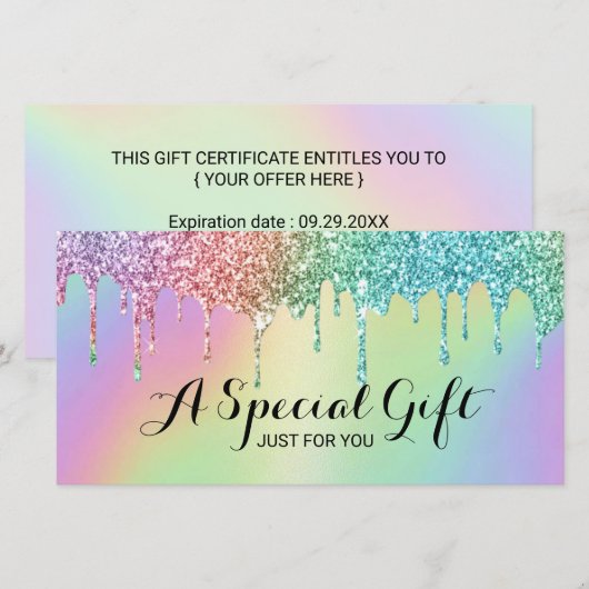 Holographic Glitter Drift Salon Cadeaubonnen (Voorkant / Achterkant)