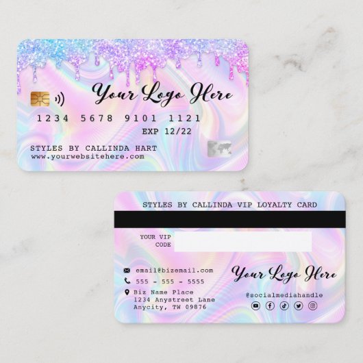 Holographic Glitter Drip VIP Loyalty Credit Style  Visitekaartje (Voorkant / Achterkant)