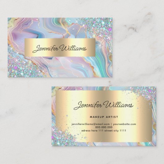Holographic Glitter Gold Foil Purple Marble Agate Visitekaartje (Voorkant / Achterkant)