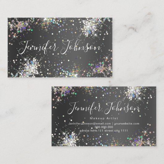 Holographic Glitter Makeup Artist Elegant Black Visitekaartje (Voorkant / Achterkant)