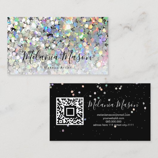 Holographic Glitter Makeup Artist QR Code Black Visitekaartje (Voorkant / Achterkant)