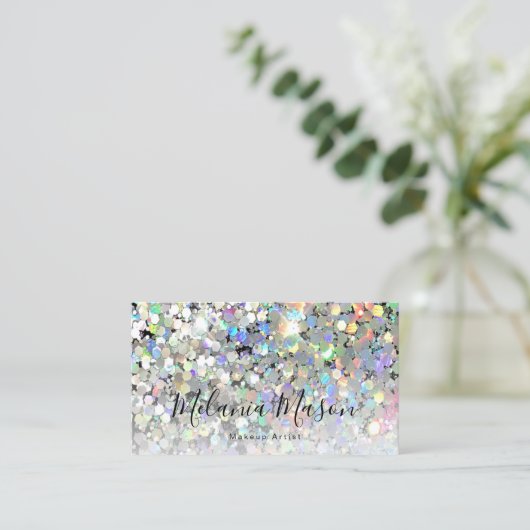 Holographic Glitter Makeup Artist QR Code Black Visitekaartje (Staand voorkant)