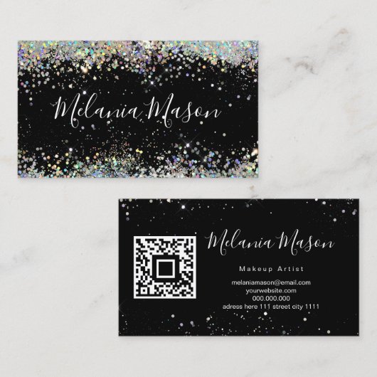 Holographic Glitter Makeup Artist QR Code Black Visitekaartje (Voorkant / Achterkant)