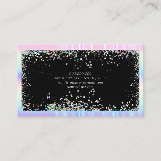 Holographic Glitter Modern Beauty Salon Black Visitekaartje (Achterkant)