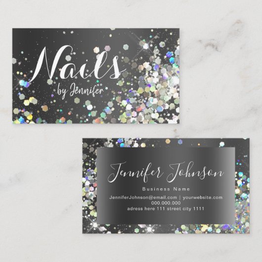 Holographic Glitter Nail Salon Elegant Black Chic Visitekaartje (Voorkant / Achterkant)