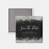 Holographic Glitter Save the Date Elegant Black Magneet (Voorkant / Achterkant)