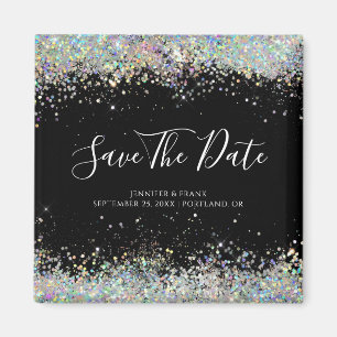 Holographic Glitter Save the Date Elegant Black Magneet