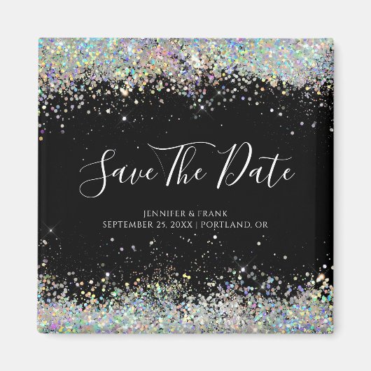 Holographic Glitter Save the Date Elegant Black Magneet (Voorkant)