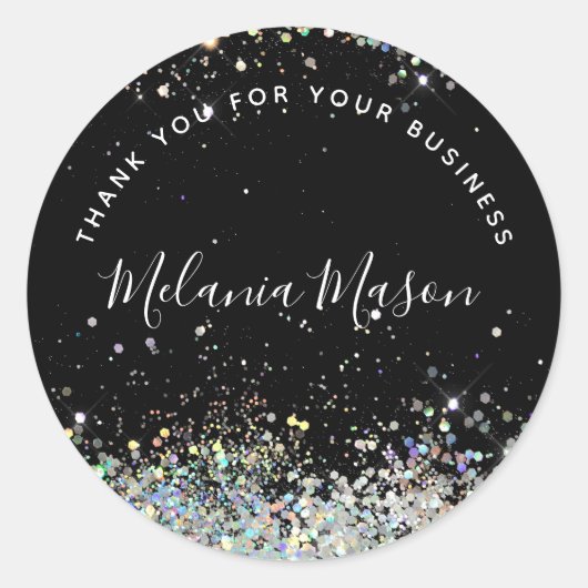 Holographic Glitter Stylish Name Black Elegant Ronde Sticker (Voorkant)