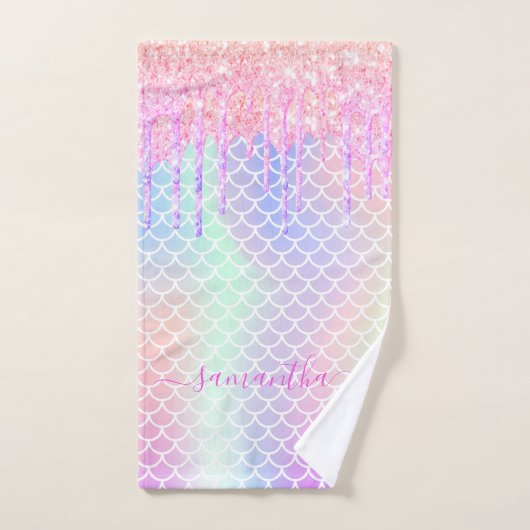 Holographic glitter unicorn mermaid scales name bad handdoek (Handdoek)