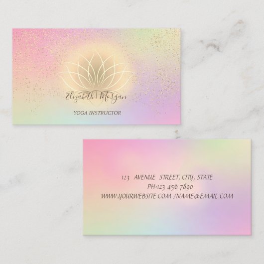 Holographic Gold Lotus Confetti Yoga Instructor Visitekaartje (Voorkant / Achterkant)