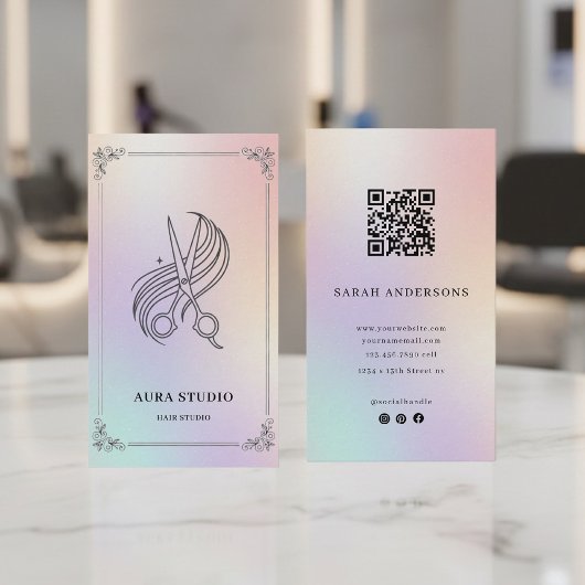 Holographic Hair Stylist Card with QR Code Visitekaartje