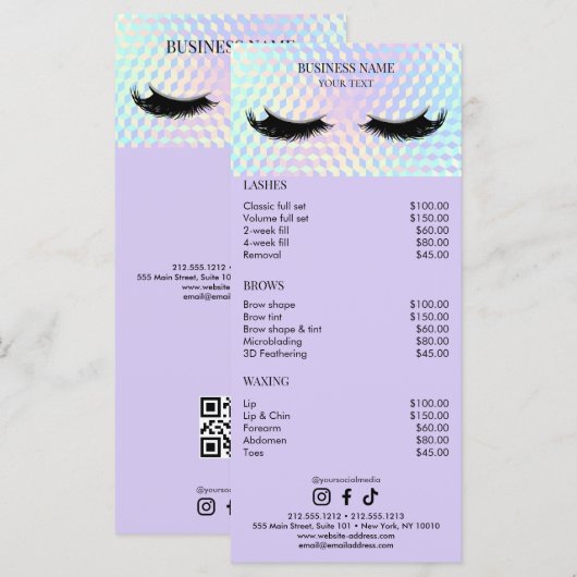 Holographic Lashes Salon Price List Menu (Voorkant / Achterkant)