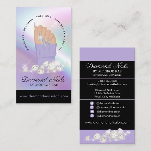 Holographic Nail Tech Nail Salon Trendy Hand Logo Visitekaartje (Voorkant / Achterkant)