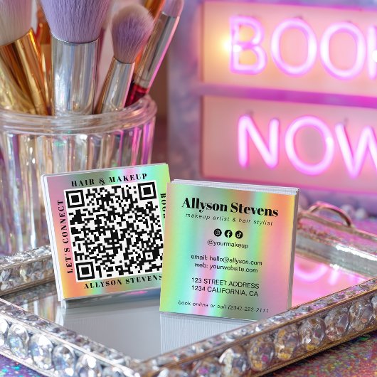 Holographic Rainbow Bold QR Code Hair & Makeup Vierkante Visitekaartje