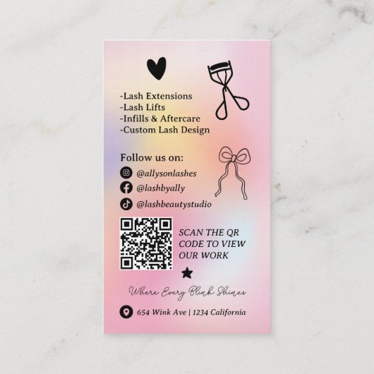 Holographic rainbow unicorn  Lash Tech QR Code Visitekaartje (Achterkant)