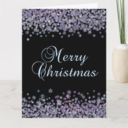 Holographic Snowflakes Black Merry Christmas Kaart (Voorkant)
