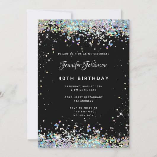 Holographic Sparkly Glitter 40th Birthday Black Kaart (Voorkant)