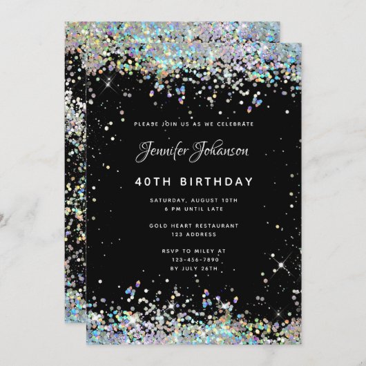 Holographic Sparkly Glitter 40th Birthday Black Kaart (Voorkant / Achterkant)