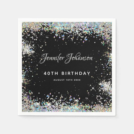 Holographic Sparkly Glitter 40th Birthday Black Servet (Voorkant)