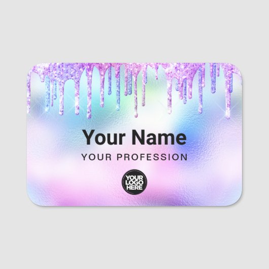 Holographic  Trendy Cute Glitter Drips Employee Naamplaatje (Voorkant)