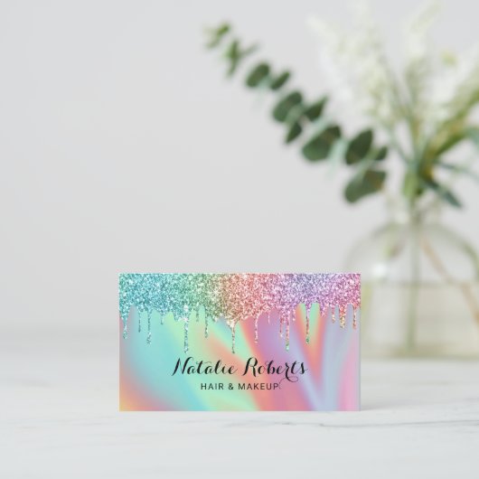 Holographic Unicorn Glitter Drift Beauty Salon Visitekaartje (Staand voorkant)
