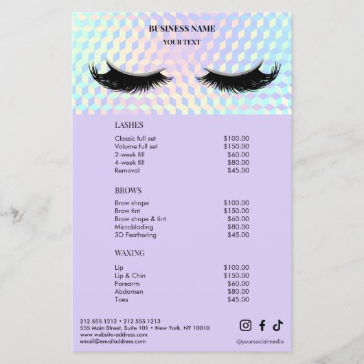 Holographic Wimpers Salon Prijslijst Menu (Voorkant)