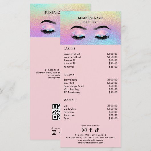 Holographic Wimpers Salon Prijslijst Menu (Voorkant / Achterkant)