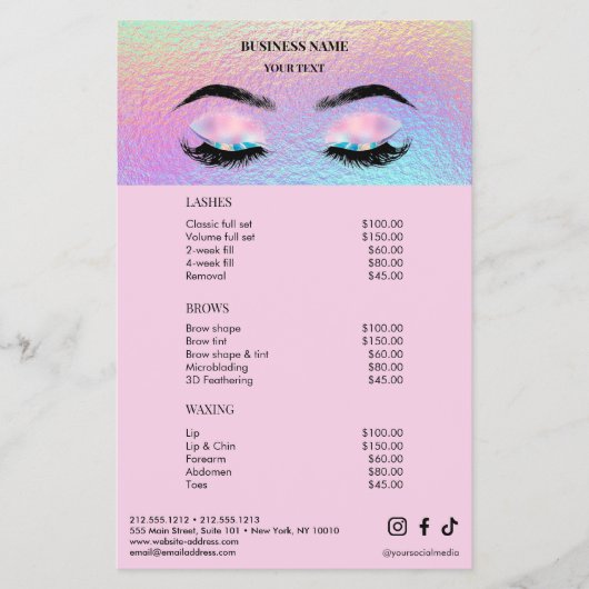 Holographic Wimpers Salon Prijslijst Menu (Voorkant)