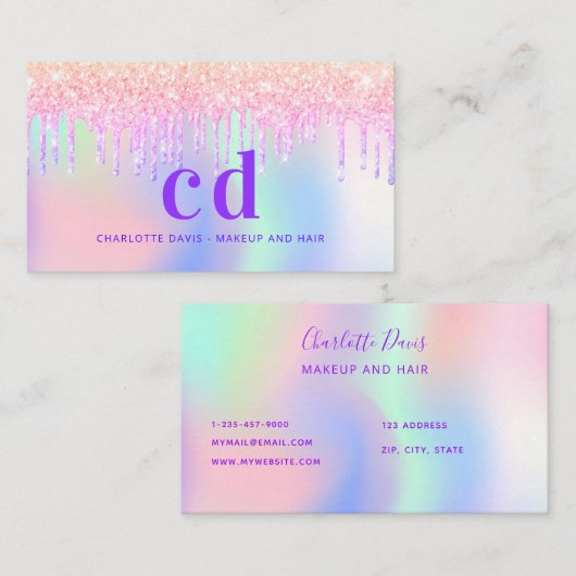 Holograpische eenhoorn glitter monogram make-up ha visitekaartje (Voorkant / Achterkant)