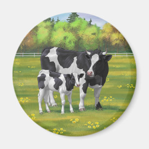 Holstein Cow & Cute Calf in Summer Pasture Magneet