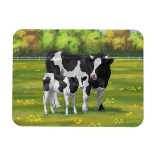 Holstein Cow & Cute Calf in Summer Pasture Magneet